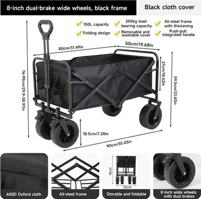 Obrázok produktu pre Skladací vozík – ideálny na outdoorové aktivity, kempovanie a pláž – objem 150 litrov – nosnosť 200 kg – odnímateľná strecha – tlmiacePolyuretánkolesá