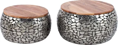 Produktbild von cagü: 2er Set Couchtische [RAVENNA] Silber aus Mangoholz mit Metallplättchen im Mosaik-Design handgefertigt 65cm/55cm Ø Rund