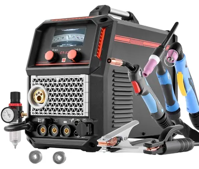 Produktbild von VEVOR 5-in-1 Plasmaschneider Schweißgerät Kombi - CUT/TIG/Gas MIG/Flux MIG/MMA, 50A Kontaktloser Plasmaschneider & 200A Synergiewelder, 220V Aluminium Puls-Mig-Schweißgerät kompatibel mit Spool Gun, 5 in 1
