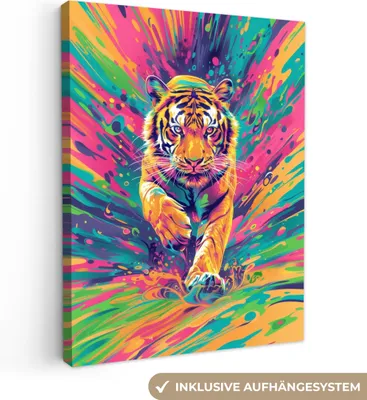 Produktbild von MuchoWow® - Leinwandbilder - Tiger - Wildtiere - Farbenfroh - , Wandbild, Wanddeko Bilder Wohnzimmer, 90x120 cm
