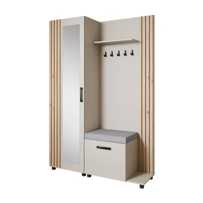 Produktbild von Garderoben-Set LIVIA Rechts Kaschmir – Garderobenschrank mit Spiegel, Schuhschrank mit grauem Sitzkissen, Lamellen in Eiche Artisan, Hochschrank