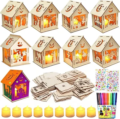 Produktbild von 9 Halloween-Laternen-Bastelsets, DIY-Halloween-Spukhaus-Bastelsets, Holzlaternen für Kinder, zum Basteln und Bemalen