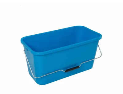 A blue rectangular bucket with a metal handle and a black grip roller, isolated on a white background.