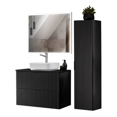 Produktbild von Badezimmer Möbel Set mit Keramik Aufsatzbecken, Hochschrank und rechteckigem LED Spiegel, matt schwarz mit gerillter Front, ADELAIDE-56-BLACK, B/H/T ca. 130/200/46,5 cm