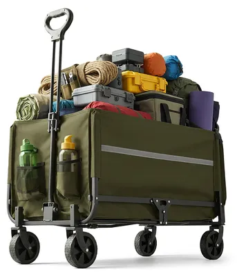 Produktbild von Relaxdays Bollerwagen, faltbar, 150 kg, Teleskopgriff, Heckklappe, Regenplane, Transportwagen Einkauf, Camping, grün