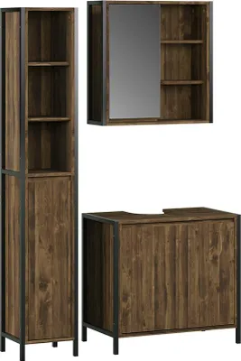 A set of three bathroom furniture pieces: a tall cabinet, a wall-mounted cabinet with a mirror, and a vanity cabinet. All pieces have a dark wood grain finish with black metal frames.