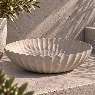 Imagen del producto de Macetas redondas, con diseño ondulado, para exteriores, color arena beige con efecto mármol, de 35 cm de diámetro