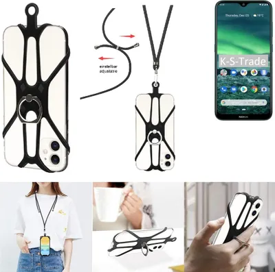 Produktbild von K-S-Trade 3in1 Handykette Handyband Handykordel Halsband Smartphone-Ring Handy-Ring kompatibel mit Nokia 2.3 Fingerhalterung Handyring Tischständer