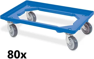 Produktbild von 80x Transportroller für 600 x 400 mm Eurobehälter, blau, 4 Lenkrollen, graue Gummiräder