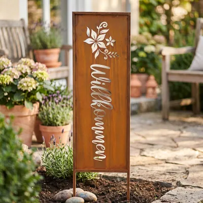 Produktbild von Gartenstecker Willkommen Rostdeko Metall 83cm Gartenstele Edelrost Beetstecker Blumendeko Rost Gartendeko Eingangsbereich Eisen Braun