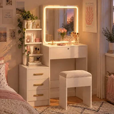 Imagen del producto de Tocador INONEFT con espejo con iluminación LED, armario con espejo, taburete, 4 estantes abiertos, 4 cajones, 3 compartimentos cerrados, color blanco