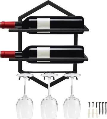 Zdjęcie produktu dla Naścienny metalowy stojak na wino - Wiszący uchwyt na wino - Organizer na 2 butelki i 3 kieliszki - Stojak na czerwone wino do domu, kuchni, baru, dekoracja wystawy