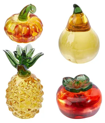4 mundgeblasene Glasfrüchte – Kaki, Ananas, Birne, Kürbis