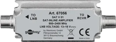 A close-up studio shot of a satellite inline amplifier.