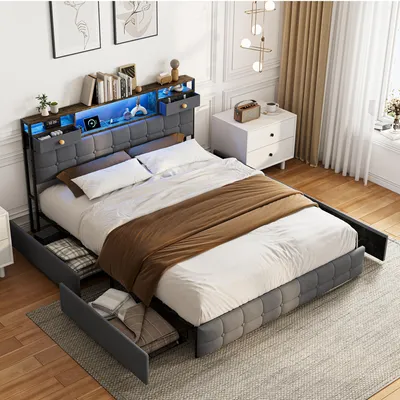 Zdjęcie produktu dla Łóżko platformowe INONEFT, obłożone tapicerką, 160x200 cm, z oświetleniem LED i portami USB/C, łóżko z pojemnikiem na pościel (4 szuflady), rama łóżka dwuosobowego z elastycznym stelażem, aksamit, kolor szary