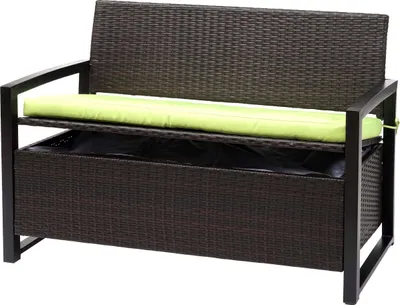 Produktbild von Poly-Rattan 2er Sitzbank HWC-F39, Gartenbank Truhenbank, Staufach Aufbewahrung Sitzkissen  braun, Kissen grün