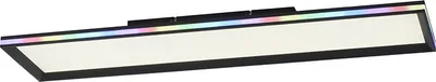 A rectangular LED ceiling light with a black frame and a white diffuser panel. A strip of RGB LEDs is visible along the top edge, displaying a gradient of colors.
