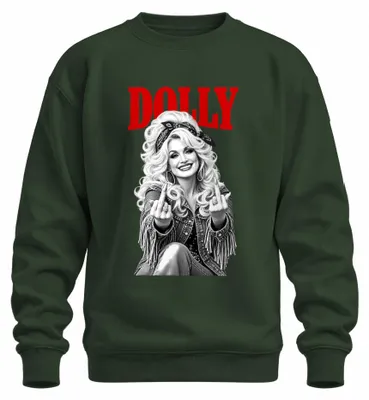 Image de Pull à capuche, style sweat, avec l'image de Dolly Parton, musique country, geste obscène, rockabilly, chanteuse. Couleur : vert bouteille. Taille : M
