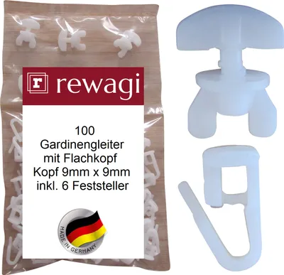 Produktbild von rewagi® 100x Flachkopf-Gleiter 9x9 mm + 6 Feststeller – Weiß – Kunststoff  22 mm