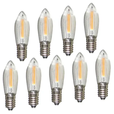 Produktbild von Erzgebirgslicht - AUSWAHL - 9 Stück LED Filament Topkerze 14-55 V 0,1 W für INNEN, für 4-16 Brennstellen E10 Riffelkerze Ersatzbirne Glühbirne Glühlämpchen für Lichterketten Pyramide Schwibbogen