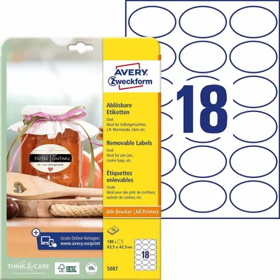 Produktbild von Avery Zweckform 5087 Ovale Etiketten, ablösbar, A4, 63,5 x 42,3 mm, 10 Bogen/180 Etiketten, weiß