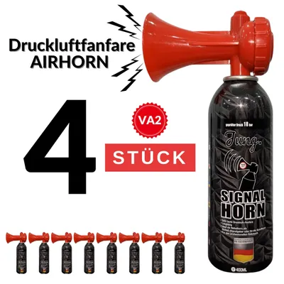 Produktbild von JUNG Druckluftfanfare Air Horn Profi Qualität 4x 400ml, 120 Signale, Fanfare WM 2026 Weltmeisterschaft Warnsingnal, Hupe Tröte Drucklufthupe Gashupe