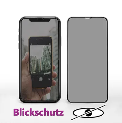Two phone screens are shown side-by-side. The left screen displays a phone being held and taking a picture of buildings. The right screen shows a privacy screen protector. Text and an icon are present below the screens.