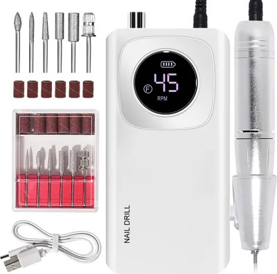 Produktbild von Tragbare Elektrische Nagelfräser mit LCD-Anzeige, 45000 RPM & 6 Aufsätzen, Weiß