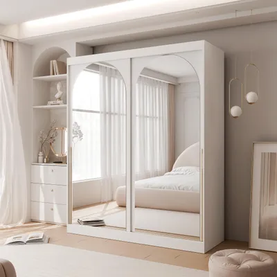 Produktbild von IDOHOME-Schwebetürenschrank CLARITY mit Spiegel zweitürig Eleganter moderner Kleiderschrank für Schlafzimmer und Flur elegant modern, glamour weiß