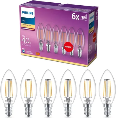 Produktbild von Philips Filament-Kerzenlampe, B35 E14 x6, transparent, 40 W, 4,3 W, 40 W, E14, 470 lm, 15000 h, Warmweiß