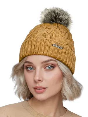 Produktbild von Damen Strick-Mütze Merino Wollmütze Bommelmütze Wintermütze mit Umschlag Pudelmütze Strickbeanie Neverless®