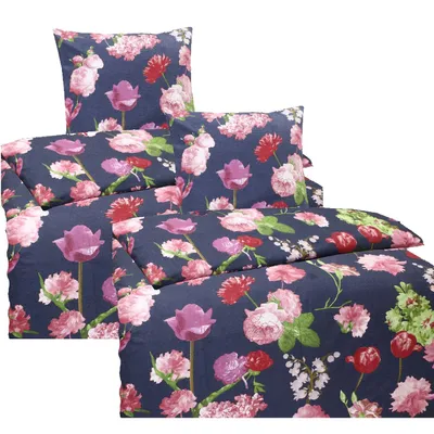Produktbild von Hochwertige Biber Bettwäsche Baumwolle Blumen Blau Rot 135x200 80x80: 4tlg.