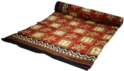 Produktbild von Blockdruck Tagesdecke, Bett & Sofaüberwurf, Handgearbeiteter Wandbehang, Wandtuch - Design 27, Rot, Baumwolle, Größe: Double 225*275 cm