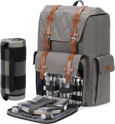 Produktbild von Picknicktas für 4 Personen mit Decke und Kühltasche - tragbare Picknicktas mit Besteckset - geeignet für Camping und Strand