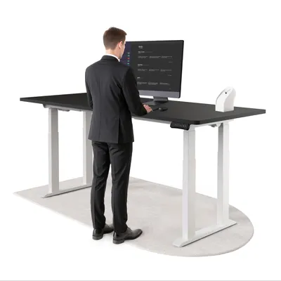 Produktbild von DESKSPACE Höhenverstellbarer Schreibtisch elektrisch mit leisem Dual-Motor – stabiles 4-Bein-Gestell (Weiß Gestell, Schwarz Tischplatte, 200×80 cm)