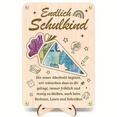 Produktbild von GKA besondere Holz Geld Geschenkkarte mit Ständer – Endlich Schulkind, Schulanfang, Zuckertüte Geldgeschenk Glückwunschkarte Geld innenliegend