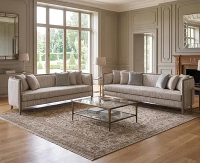 Zdjęcie produktu dla Szara sofa w nowoczesnym stylu, wykonana z miękkiej tkaniny, o prostych, wyrazistych kształtach