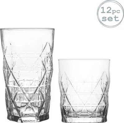 Produktbild von LAV 12 Stück Keops Art Deco Glas Set - Vintage Glasschliffhighball Cocktail Whiskey Tumblers - 460ml | 345ml