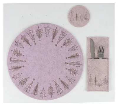 A set of festive placemats and a coaster with a tree design.