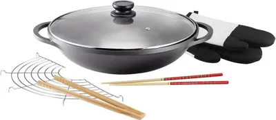 Image de Tête Wok Mai-Lu (fonte d'aluminium, Ø 36 cm, induction, revêtement antiadhésif ILAG, avec couvercle en verre et accessoires) noir