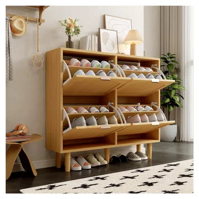 Produktbild von Schuhschrank mit 4 Klappen schmal – Schuhkommode Rattan mit Metallgriffen, Landhausstil Schuhkipper für Flur & Schlafzimmer, platzsparendes Schuhregal Holz 100x25x90 cm