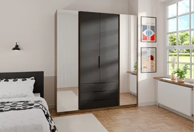 Produktbild von Kleiderschrank KAYA IX 200 cm, Kleiderschrank mit Spiegel & Schubladen für Schlafzimmer, Korridor (Farbe: eiche Evoke+Schwarz)