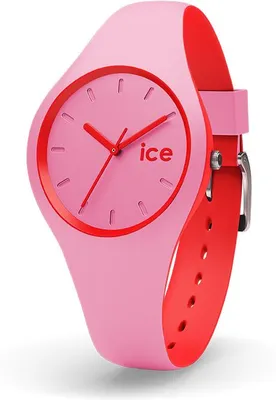 A close-up studio shot of a pink and red Ice-Watch DUO watch.