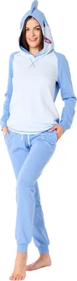 Produktbild von Ladeheid Damen Schlafanzug Zweiteiler Langarm Tierkostüm bunt Tiermotiv Verkleidung mit Kapuze LA40-238 (Blau Hai, XXL)