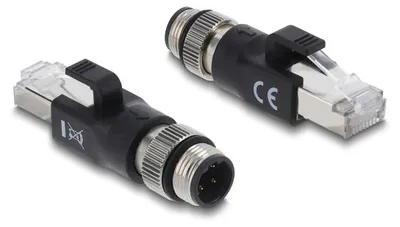 Produktbild von Delock M12 Adapter D-kodiert 4 Pin Stecker zu RJ45 Stecker schwarz