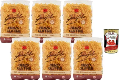 Produktbild von Italian Gourmet Glutenfreie Fusillone aus Mais, Vollkornreis und Quinoa, hochwertige italienische Pasta, Vorteilspack 6 x 400 g (2,4 kg) + Italian Gourmet Polpa
