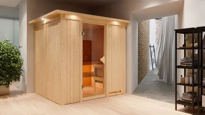 Produktbild von Karibu Sauna Innensauna Sodin Fronteinstieg Ofen 9 kW  externe Strg easy 210x184x202 cm mit Dachkranz mit Bronzierte Tür