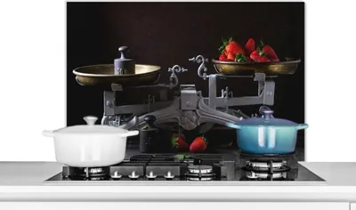 Produktbild von KitchenYeah®  Spritzschutz Küche - Küchenrückwand - Wandschutz für Herd und Spüle - Küchenutensilien - Obst - Kochen 90x60 - Alu-Dibond (Alternative zum Spritzschutz aus Glas) - Hitzebeständig - Herds