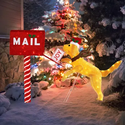 Produktbild von GOPLUS Hund Weihnachtsfiguren, beleuchtet Weihnachtsfigur mit 120 warmweißen LED-Leuchten, Weihnachtsbriefkasten mit Dackel für Innen & Außen