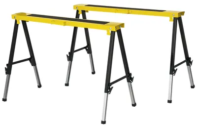 Produktbild von Set aus 2 klappbaren Teleskop-B?cken, h?henverstellbar, mit Tragegriff, Ma?e 100 x 60 x 62šC90 cm (L x B x H), rutschfeste Oberfl?che, schwarz-gelbes Metall